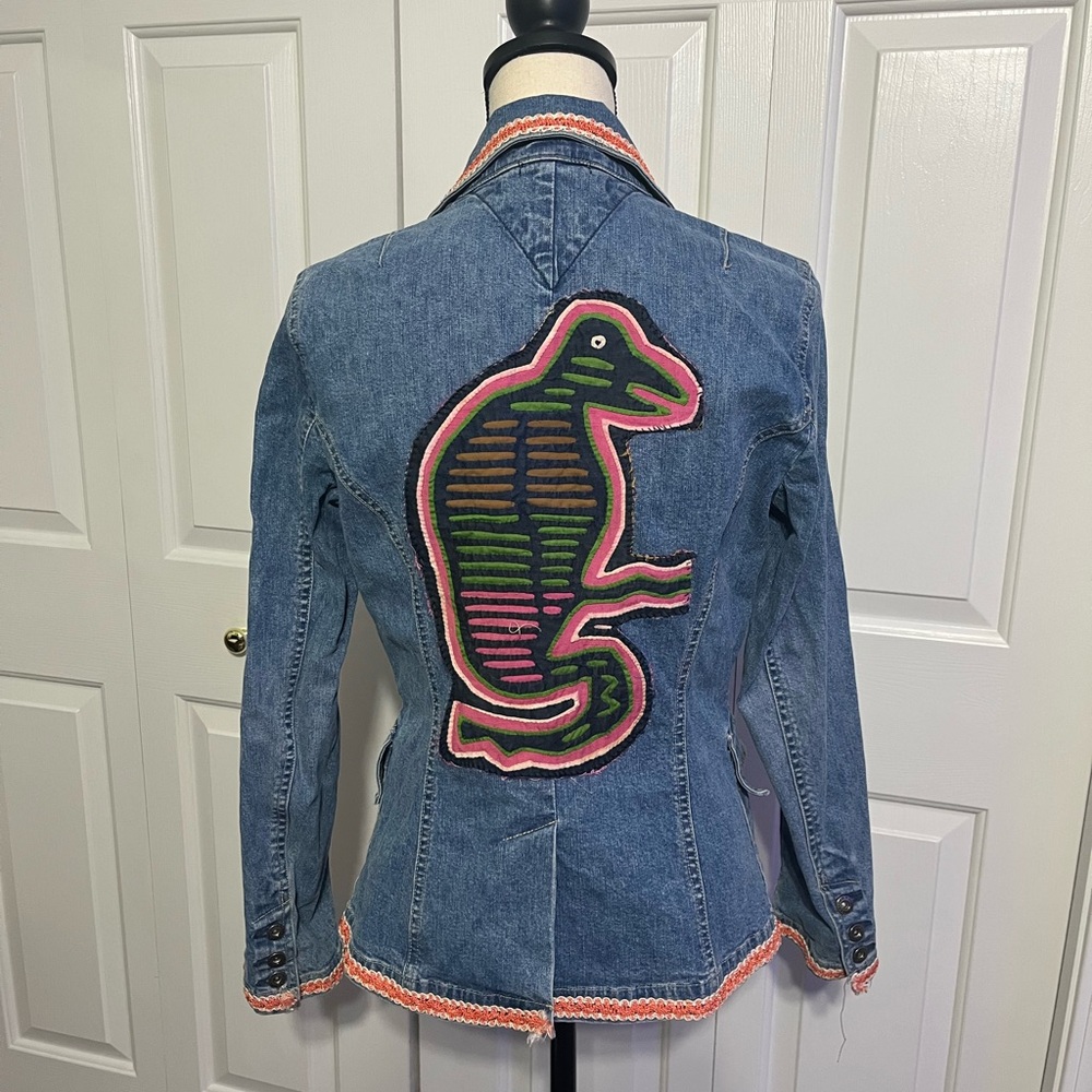 Upcycled Iguana or Parrot (? Lol) Stretch Denim Jacket or Blazer